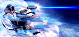 一位未來戰士在暴風雨的天空中發射發光的藍色武器。 — 戰士 壁紙