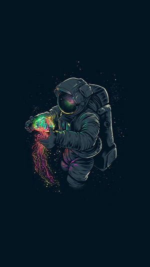 太空人在星空背景下於太空中捧著發光水母 — 插畫 壁紙