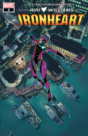 Ironheart 在夜間飛越城市港口，下方有船隻。 — POCO Pad 壁紙