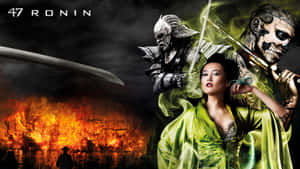 綠色長袍女性與武士和骷髏戰士，背景為燃燒的船隻。 — 戰爭 壁紙
