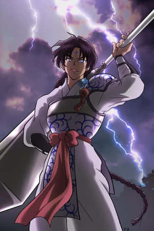 動漫戰士在紫色雲層的雷暴中持劍。 — 2:3 壁紙