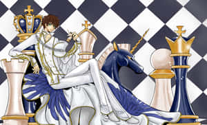 動漫男孩身穿皇室服裝，在棋盤上與棋子和獨角獸一起放鬆。 — 角落生物 壁紙