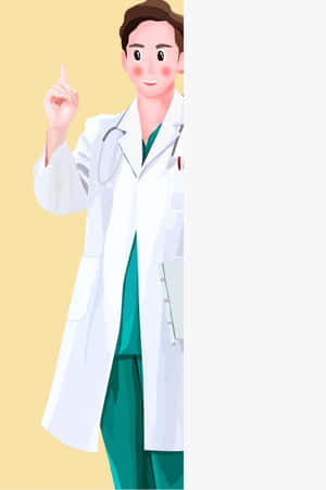 一位微笑的卡通醫生身穿白袍和綠色手術服向上指。 — 2:3 壁紙