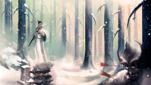 雪林中的武士戰士持劍面對惡魔般的身影。 — 日本武士 壁紙