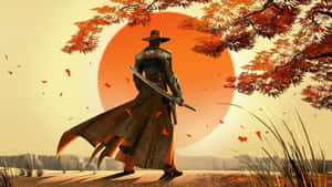 身穿盔甲的武士站在夕陽下的秋樹下。 — 武士 壁紙