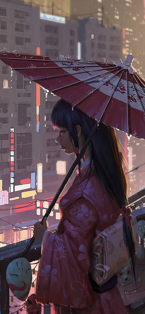 身穿粉紅色和服的女子在雨夜撐傘俯瞰發光的城市。 — iPhone 13 Mini 壁紙