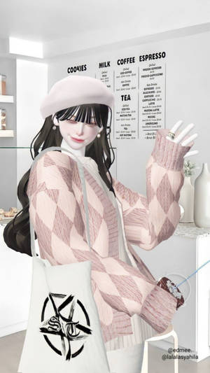 動漫女孩穿著粉紅色毛衣和貝雷帽，在咖啡館裡拿著手提袋。 — 咖啡 壁紙