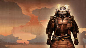 全副武裝的武士在日落時分站在冒煙的火山前。 — 戰士 壁紙