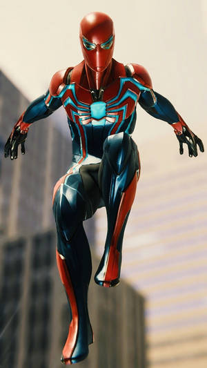 身穿紅藍戰衣的蜘蛛俠在城市建築物之間跳躍。 — 超級英雄 壁紙