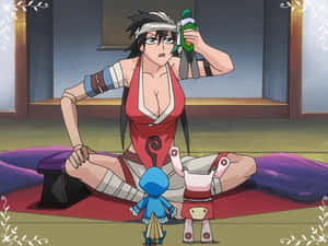 身穿紅色鎧甲的動漫戰士，手持武器，與兩個小型機械人同伴。 — 鹿丸 壁紙