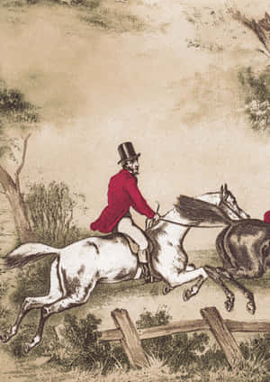 一位身穿紅色外套和高帽的男子騎著白馬越過木柵欄。 — 狩獵 GIF 壁紙