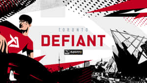 身穿紅色球衣的電競選手，搭配多倫多天際線和粗體「Defiant」文字的圖形設計。 — 鬥陣特攻 GIF 壁紙