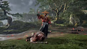 武士戰士站在霧氣瀰漫的森林戰場上，腳下是擊敗的敵人。 — 對馬戰鬼 GIF 壁紙