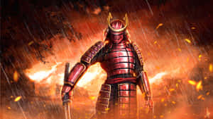 身穿紅色盔甲的武士戰士站在熾熱的雨暴中，伴隨著發光的餘燼。 — 武士 壁紙