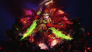 在黑暗環境中，擁有發光劍和火焰翅膀的奇幻惡魔獵人。 — 遊戲 壁紙