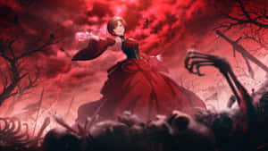 紅衣動漫女孩在紅色天空下的陰森墓地施放魔法。 — 靚靚動畫 壁紙