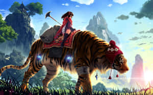 戰士騎虎在夢幻山景中，日出 — 靚靚動畫 壁紙