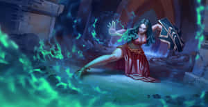 在 crumbling 的石頭廢墟中施展綠色魔法的奇幻戰士。 — 魔法 GIF 壁紙