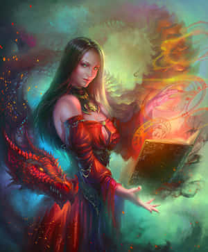一位身穿紅袍的女巫從一本發光的書中召喚魔法，身後有一條龍。 — Pixel Fold 壁紙