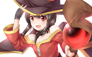 身穿紅金色服裝的動漫女巫手持發光紅色球體並眨眼。 — 1920x1200 壁紙