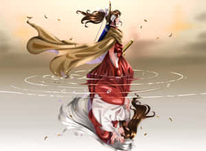 身穿紅金長袍的女武士站在水中，秋葉在她倒影周圍旋轉。 — 東京喰種角色 壁紙