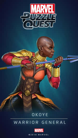 Okoye 戰士將軍在 Marvel Puzzle Quest 遊戲藝術中手持長矛。 — 戰士 壁紙