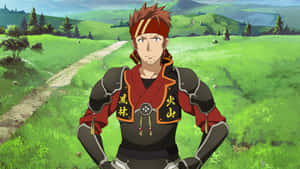 身穿紅黑鎧甲的動漫戰士站在草地山坡小徑上。 — 刀劍神域 GIF 壁紙
