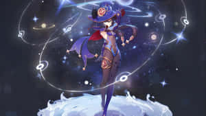 動漫女孩穿著紫色服裝站在冰上，周圍有宇宙環和星星。 — 原神 壁紙