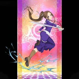 身穿紫色服裝的動漫女孩在魔法能量爆發中持劍跳躍。 — OLED 壁紙