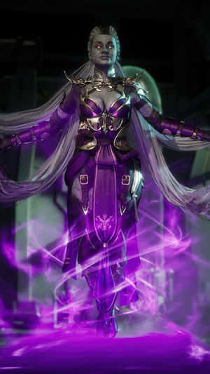 身穿紫色盔甲的奇幻戰士，被發光的魔法能量環繞。 — 真人快打11 壁紙