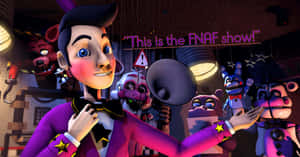 FNAF主持人在劇院與機械動畫角色宣布表演 — 8K 壁紙