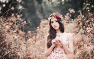 身穿花卉連衣裙和皇冠的女性站在金色草叢中。 — 唯美花朵動圖 壁紙