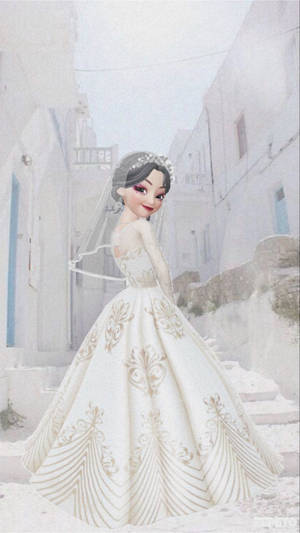 身穿華麗白色婚紗、飾有金色刺繡的新娘，站在白色希臘小巷中。 — 美學白色動態圖 壁紙