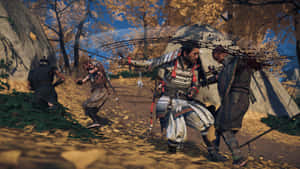 武士在秋天的森林中與敵人戰鬥。 — 對馬戰鬼 GIF 壁紙