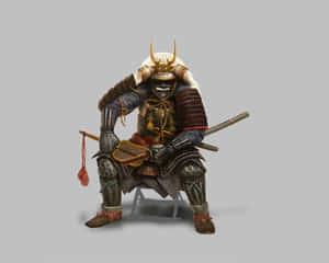 身穿精細盔甲的武士坐在灰色背景上，手持刀 — 武士 壁紙