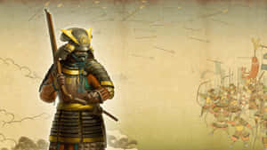 身穿精細盔甲的武士戰士面對來襲的箭矢，背景有戰鬥場景。 — 戰士 壁紙