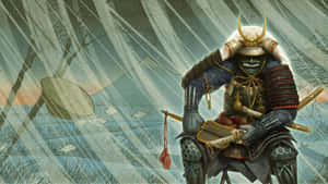 身穿盔甲的武士武士坐在雨中的田野，背景有山。 — 武士 壁紙