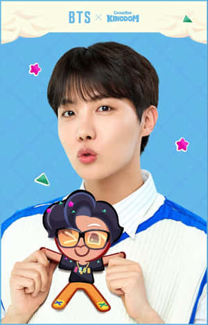 BTS成員手持Cookie Run Kingdom卡通角色，周圍有色彩繽紛的形狀。 — 防彈少年團 合照 壁紙