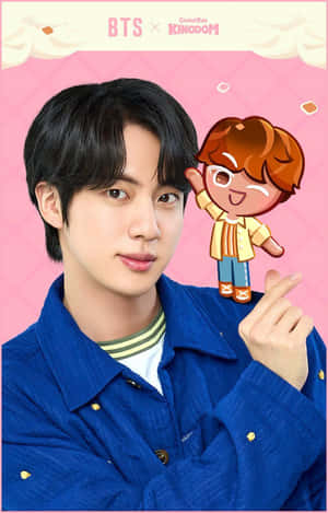 BTS成員與卡通自己在粉紅背景中 — BTS標誌 壁紙