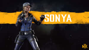 Sonya，一位身穿藍色裝備的女戰士，在雨中的黑暗場景中準備就緒，帶有黃色條紋和名字。 — Studio Display 壁紙
