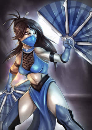 動漫戰士，戴著藍色面具和穿著藍色服裝，以戰鬥姿勢揮舞帶刺扇子。 — 喜多川海夢 GIF 壁紙