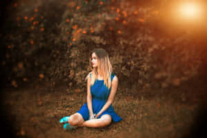 金色夕陽下，秋日森林中身穿藍色連衣裙的女性。 — 風景動圖 壁紙
