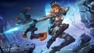 未來女性弓箭手在冰凍科幻景觀中發射發光弓箭。 — Pro Display XDR 壁紙