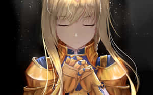 身穿金色盔甲的動漫女孩在星空下閉眼祈禱。 — 刀劍神域 GIF 壁紙