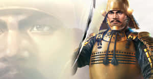 身穿金色盔甲的武士武士手持武士刀，背景有模糊的面孔。 — 城堡 壁紙