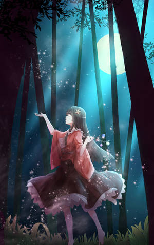 動漫女孩穿紅裙在發光森林中滿月下跳舞。 — 樹 壁紙