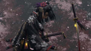 身穿黑色花卉和服的女武士跪在劍旁，伴隨著飄落的櫻花。 — 武士 壁紙