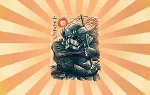 穿著暗色盔甲的武士戰士在帶有日文字樣的橙色太陽爆發背景中手持長矛。