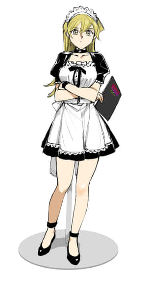 金髮動漫女僕拿著文件夾，雙手交叉站立。 — Pixel Fold 壁紙