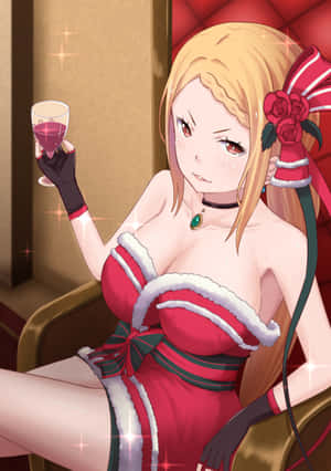 金發動漫女性穿著紅色聖誕裙，在豪華椅子上手持酒杯。 — Oppo Pad 5 壁紙